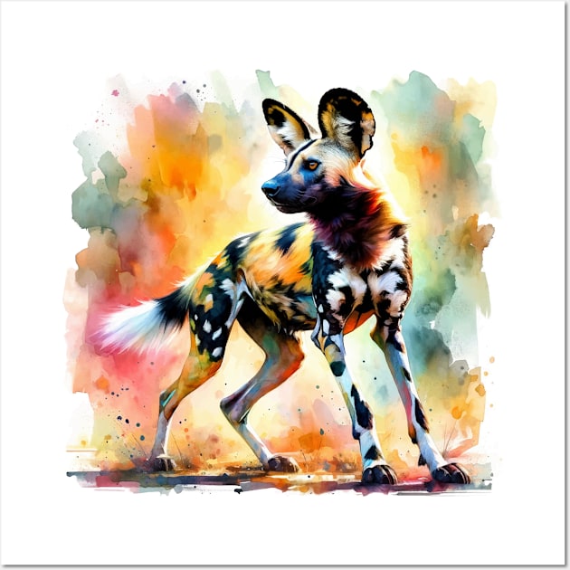 Savanna Symphony: Vibrant African Wild Dog Watercolor Wall Art by Aquarelle Impressions